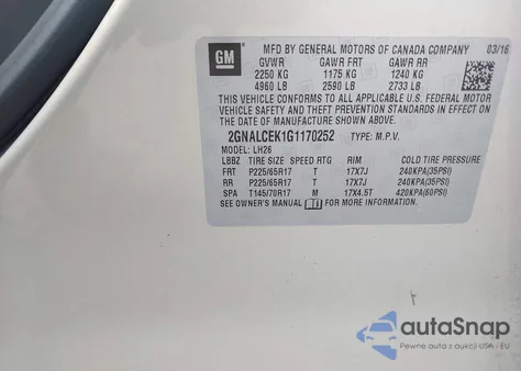 2016 Chevrolet Equinox Lt из США, поврежденный, VIN 2GNALCEK1G1170252